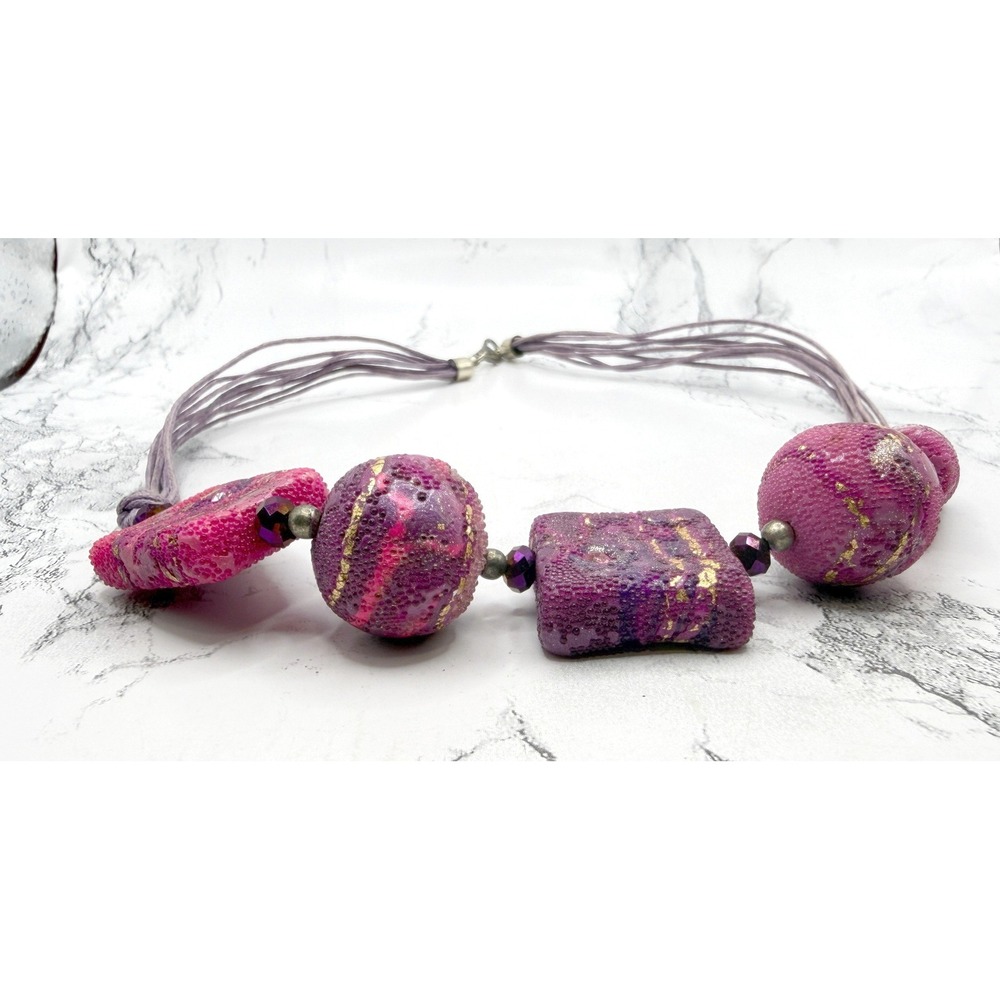 Chunky Geometric Statement Necklace Purple Pink Beaded Cord Artisan Style - Picture 4 of 4